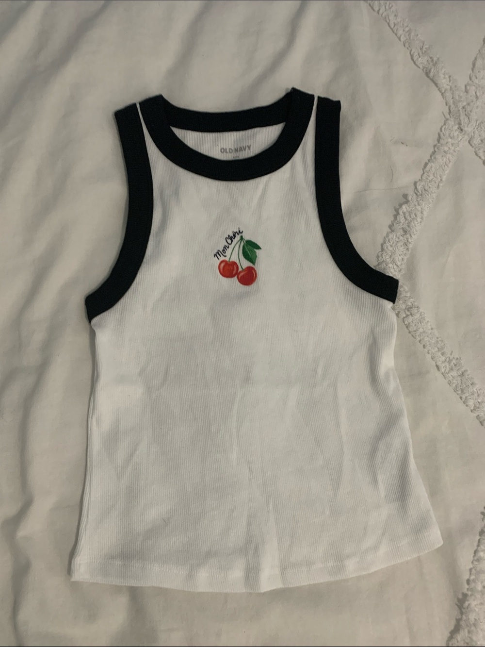 Old Navy White Tank Top with Black Trim and Cherry Embroidery